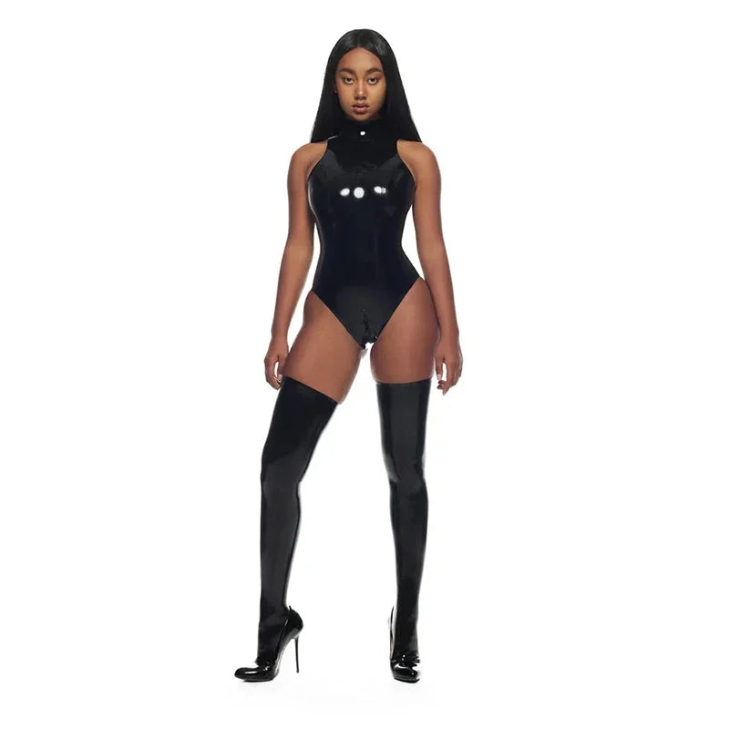 Classic High Neck Sleeveless Wet Look Bodysuit For Women