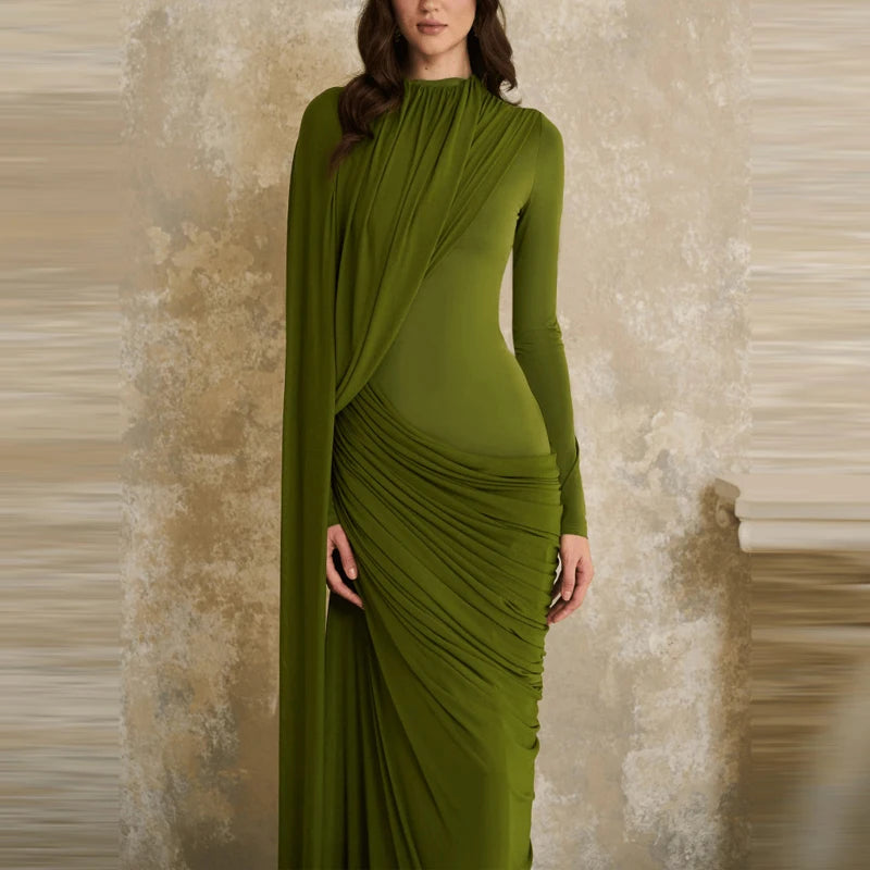 Women's Casual Long Sleeve Ribbon Gowns Elegant Round Neck Slim Evening Dress 2026 Fashion Pleated Design Solid Color Long Dress