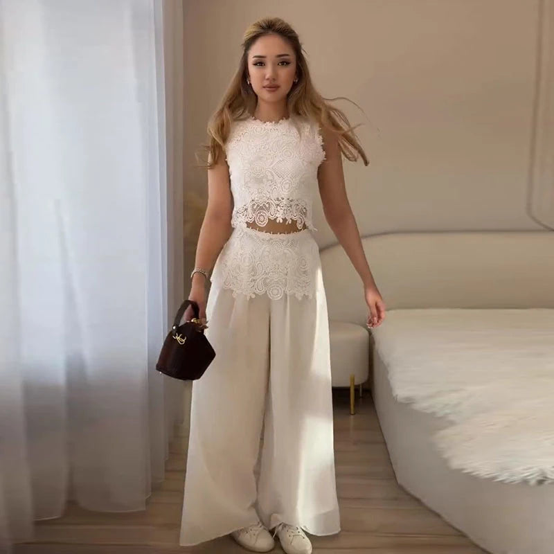 Elegant Crochet Vest And Wide Leg Pants Set for Women