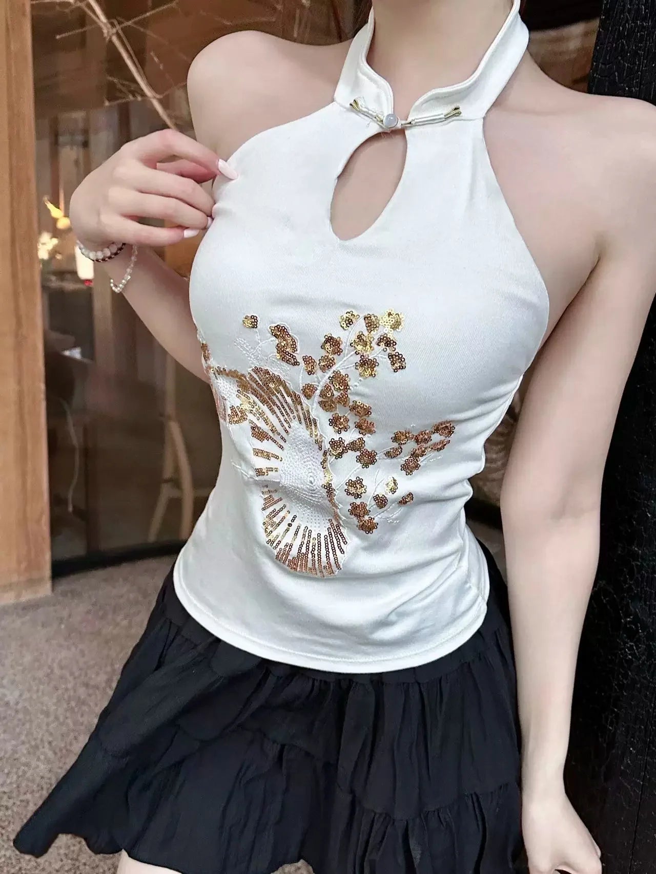 Vintage Sequin Embroidered Backless Camisole For Women
