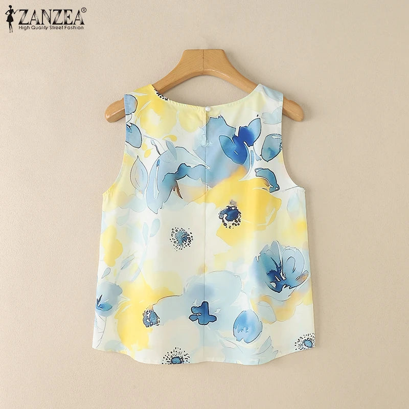 ZANZEA Womens 2025 Summer Casual Floral Printed Tank Tops Fashion O-Neck High-Low Sleeveless T-Shirts Day Wear Simple Camis Tops