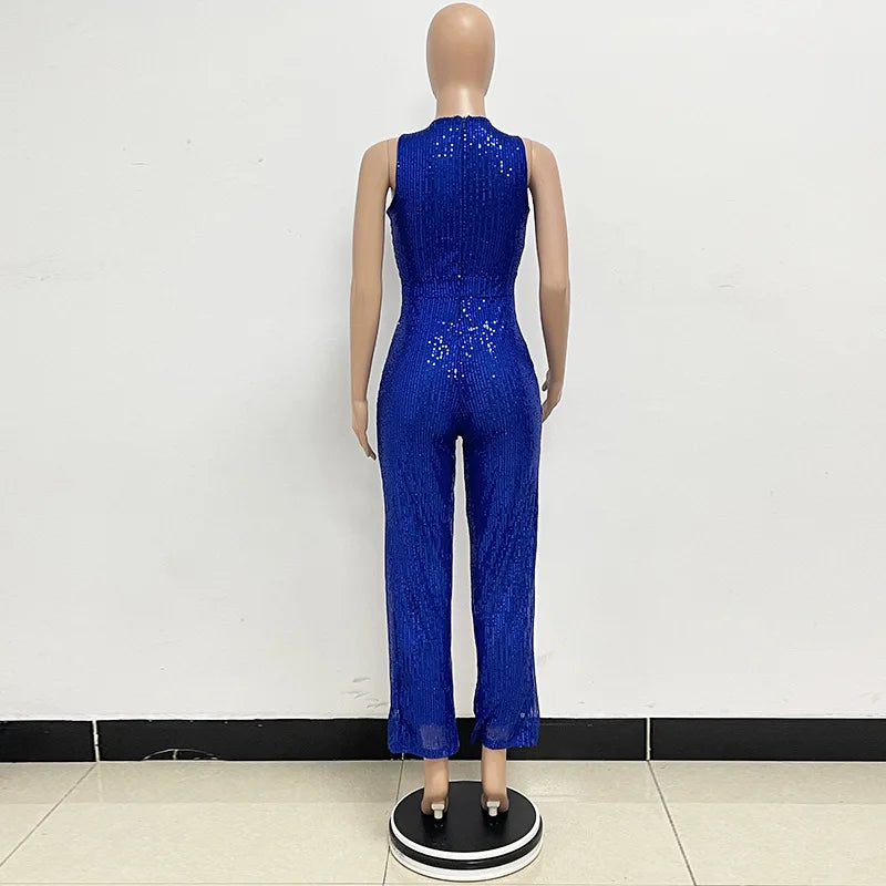 Elegant Silver Sequined Straight Cut Jumpsuit for Women