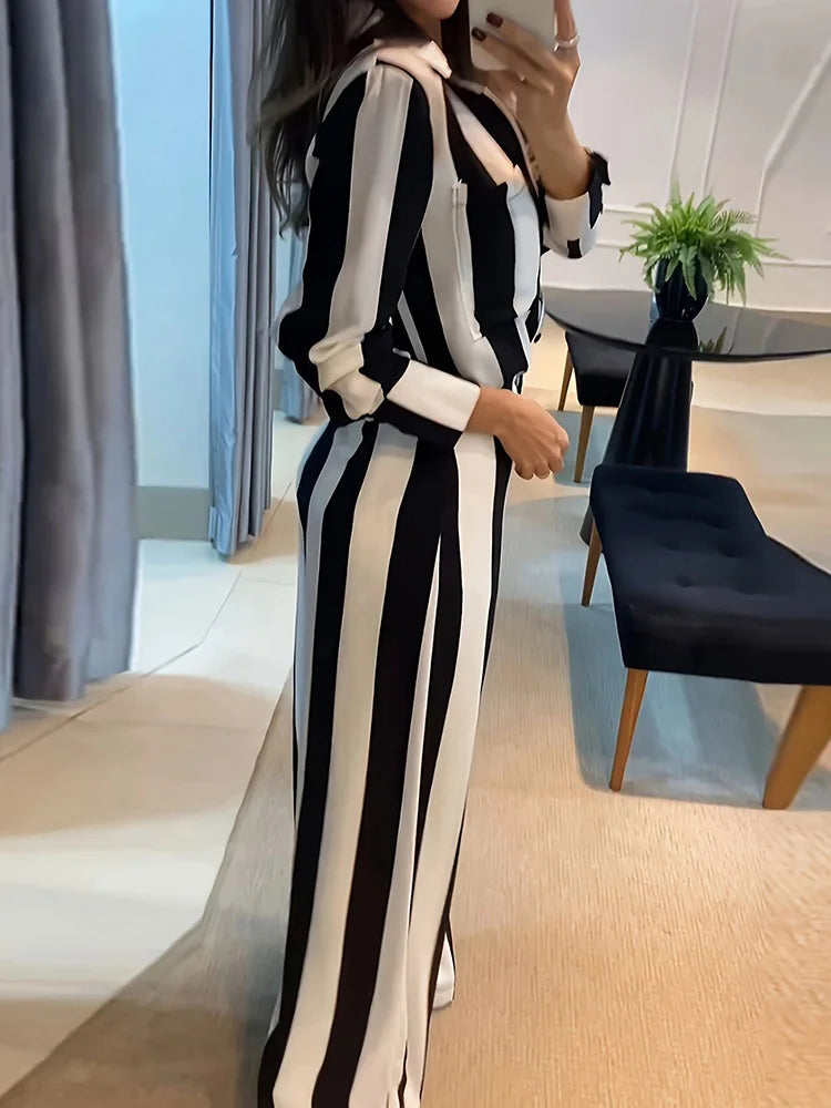 Striped Print Wide Leg Pants Matching Suit Women Summer Loose Long Pants Two Piece Set Female Streetwear Casual Trousers Outfits