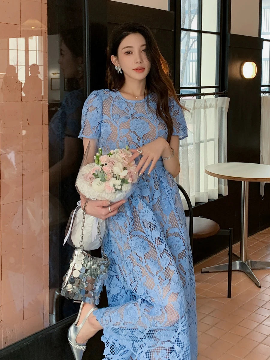 High-end Blue Heavy Lace Hollow Round Neck Short Sleeve Women's Summer Dresses New Elegant High Waist Slim Long Party Dress