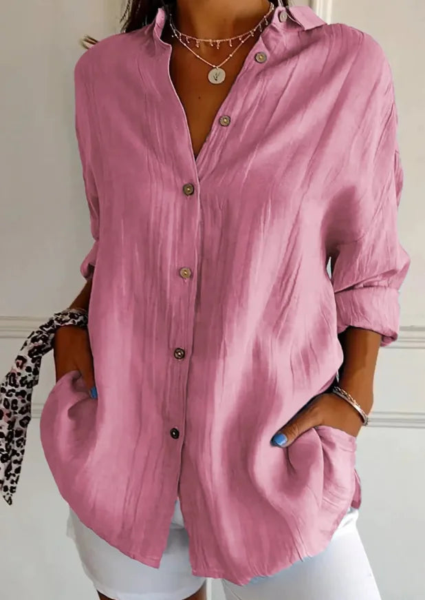 Relaxed Fit Long Sleeve Solid Color Blouse For Women