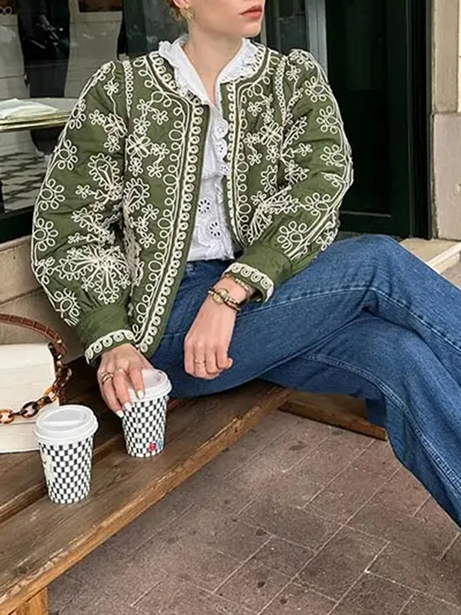 Women'S Retro Open Front Printed Embroidered Jacket, Lightweight Casual Long Sleeved Autumn Street Fashion Cardigan