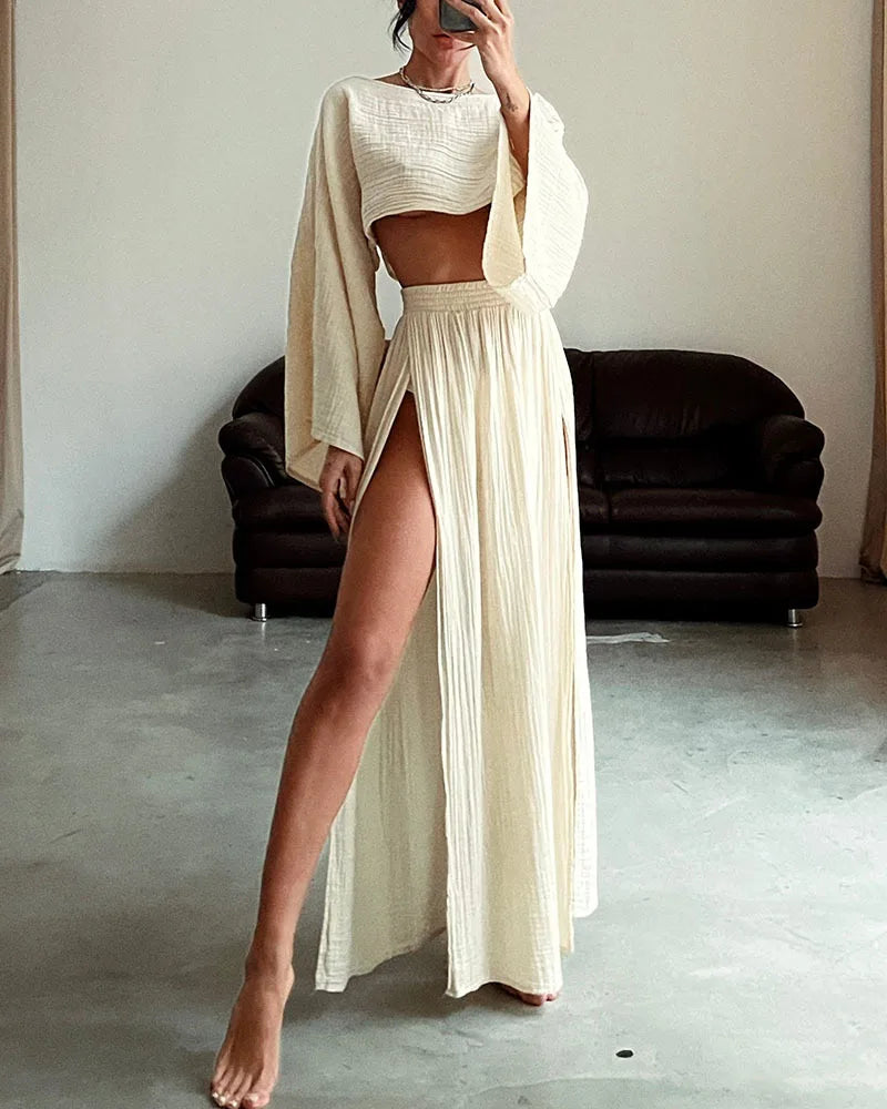 Casual Cotton Linen Blend Two Piece Skirt Set for Women