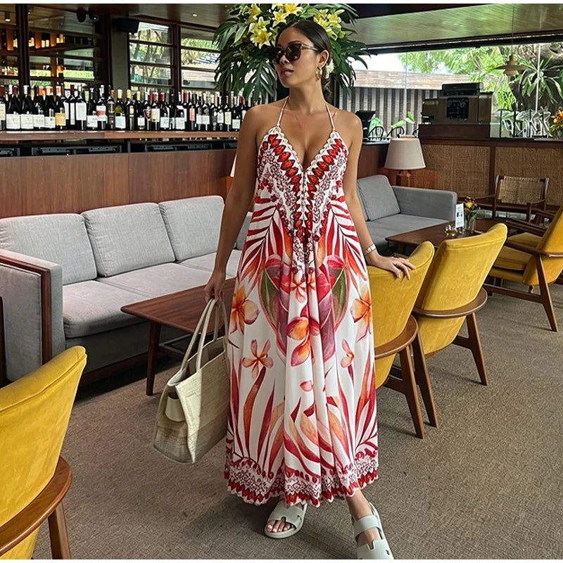 Beach Print Halter Neck Backless Long Dress for Women
