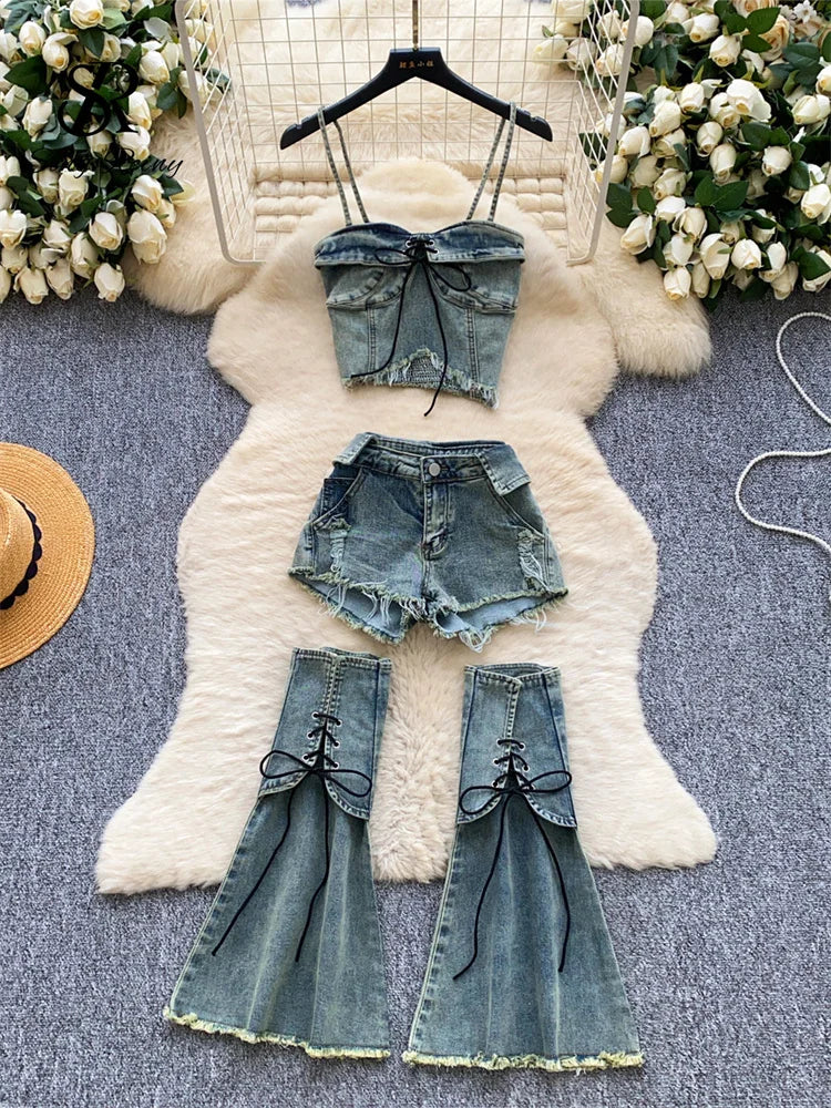 Edgy Summer Denim Three Piece Set With Shorts for Women