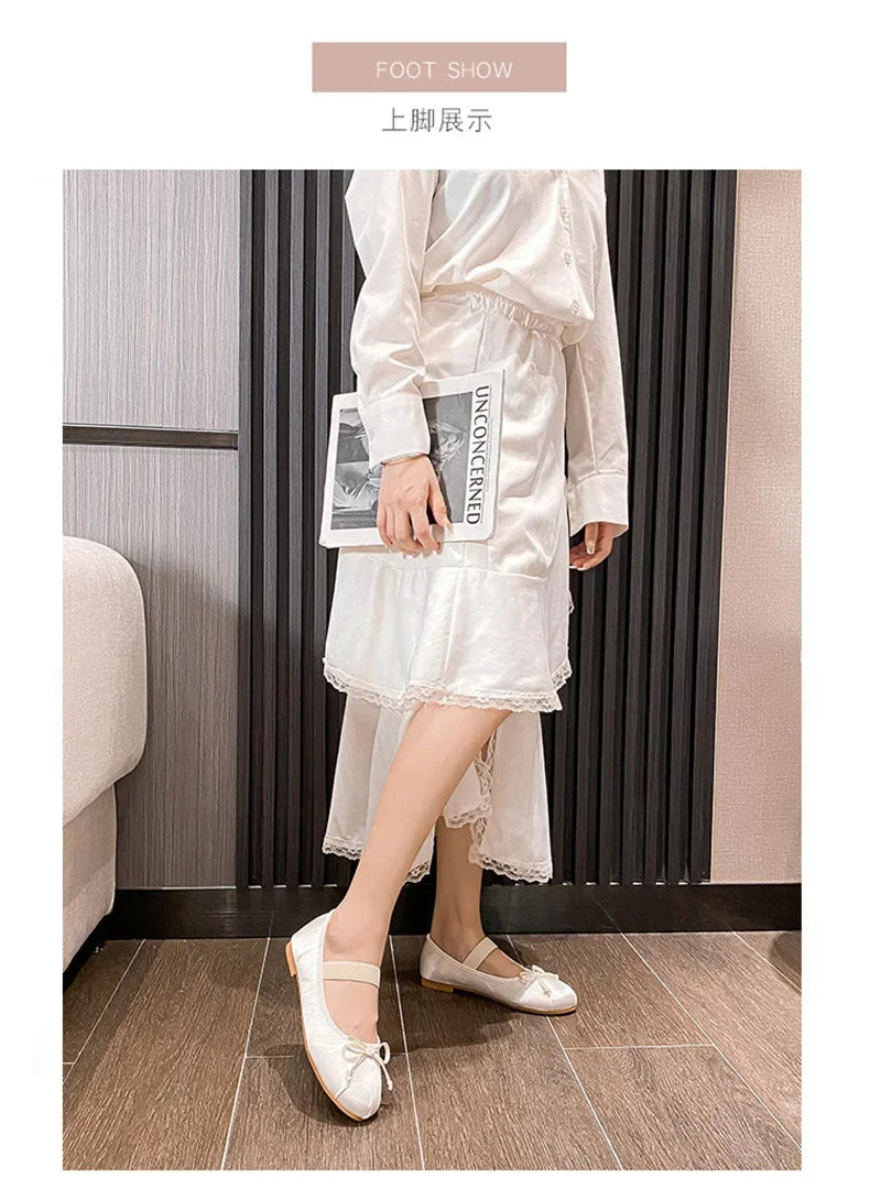 Round Toe Bow Satin Mary Jane Ballet Flats for Women