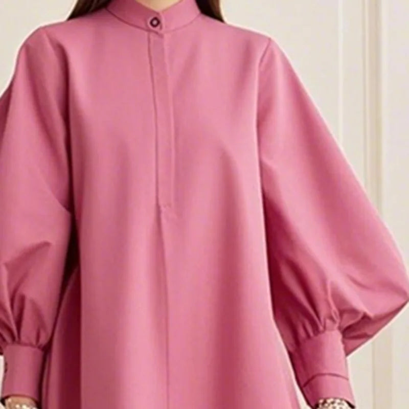 Beautyblue Pink T-shirt for Women Fashion Puff Sleeves Tops New Luxury Loose Pleated Split-Joint Round-Neck Simple Y2k Blouses