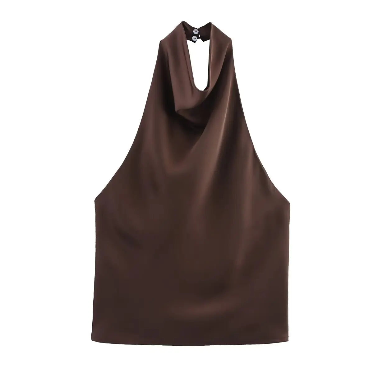 Sleek Solid Color Back Button Halter Neck Top for Women