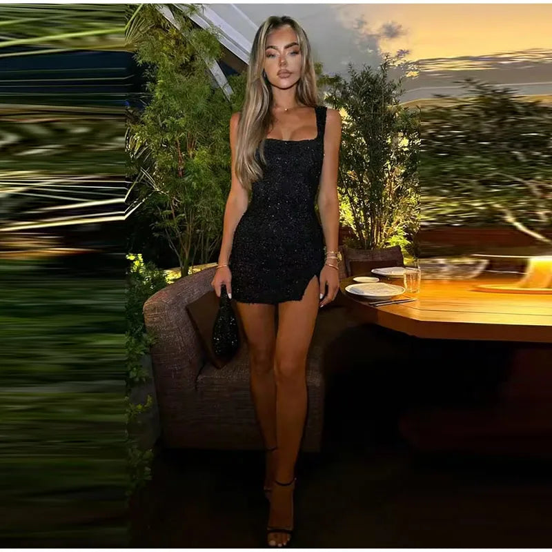 Sleeveless Sequin Mini Dress with High Slit for Women