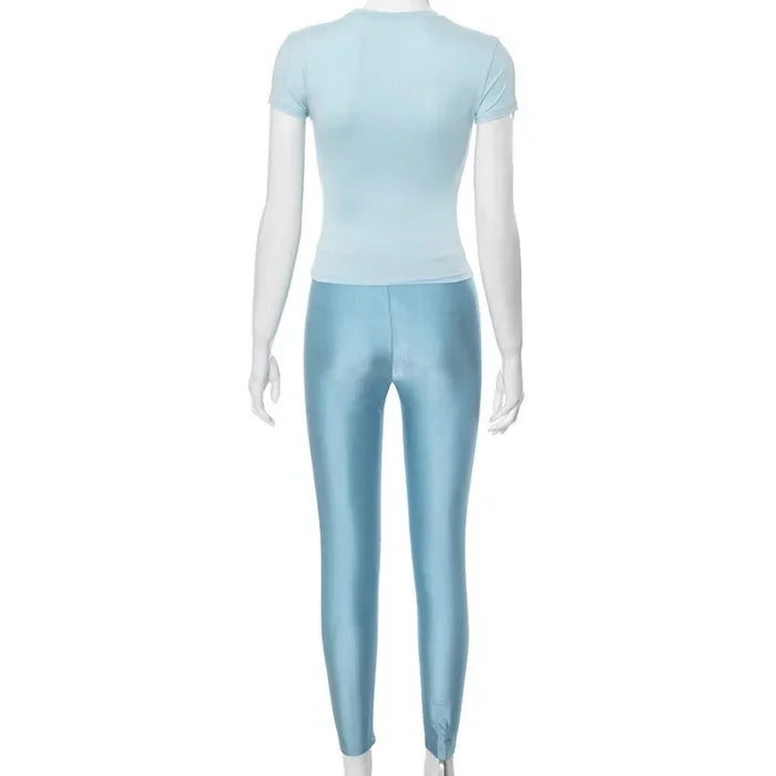 Two Piece Set for Woman Streetwear Solid Round Neck Short Sleeved T-shirt Top and Tight Pants Suit Spring and Summer 2025 New