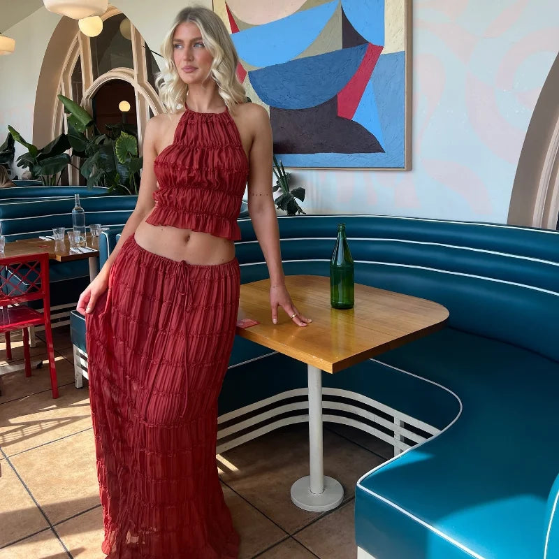 Chic Ruffle Long Skirt 2-piece Set Women Fashion Slim Fit Backless Sleeveless Elastic Halter Vest Suits 2025 Summer Y2k Outfits