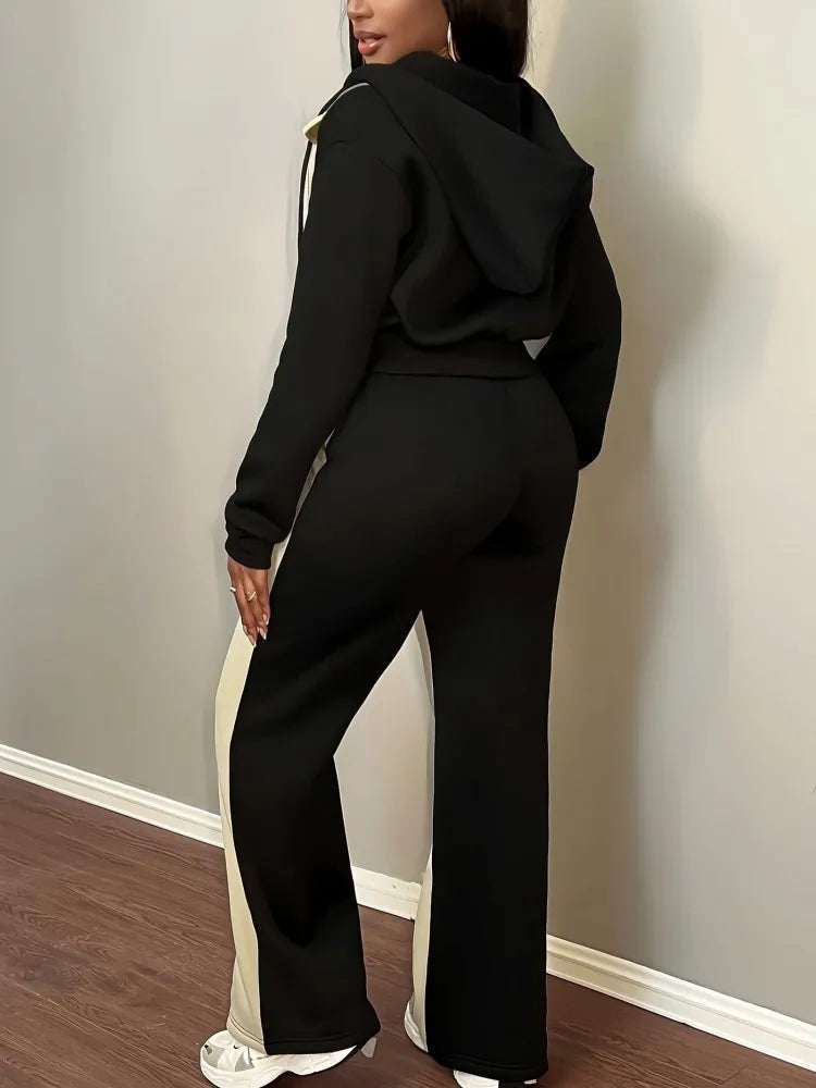 Hooded Two Piece Top and Pants Matching Set for Women
