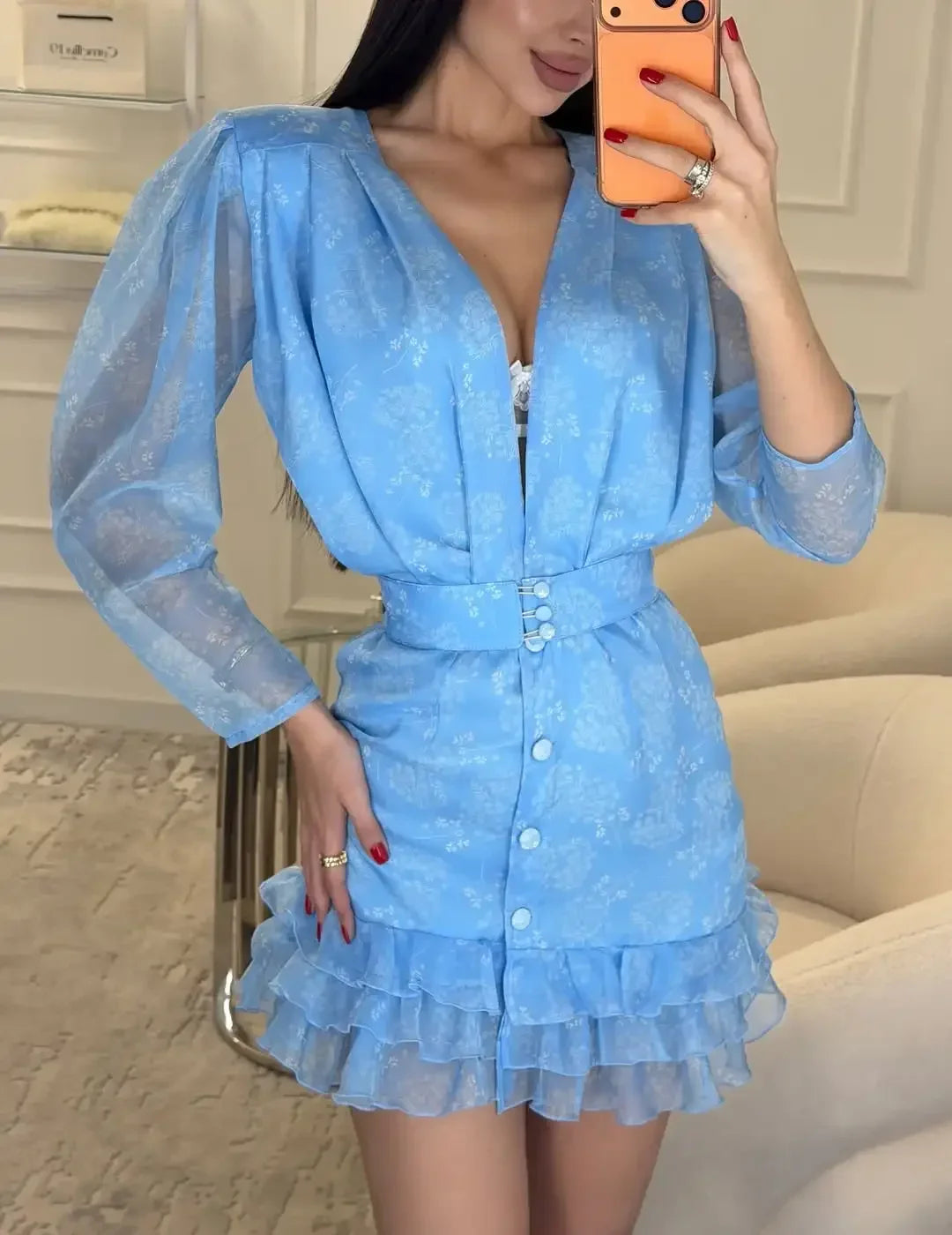 Floral Print Deep V Neck Ruffle Hem Mini Dress for Women