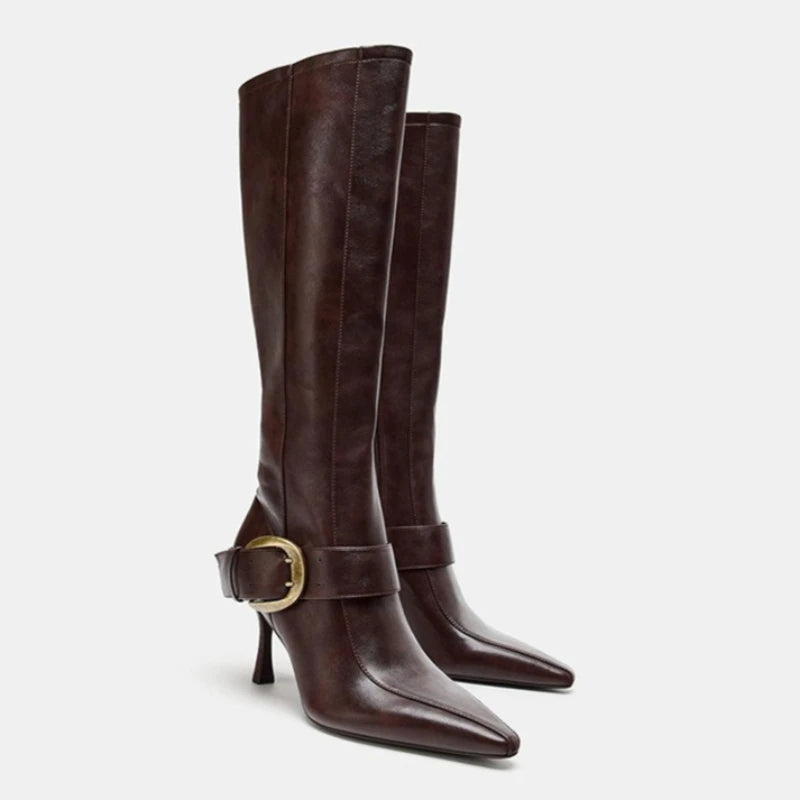 Elegant Pointed Toe Metal Buckle Mid Calf Boots for Women