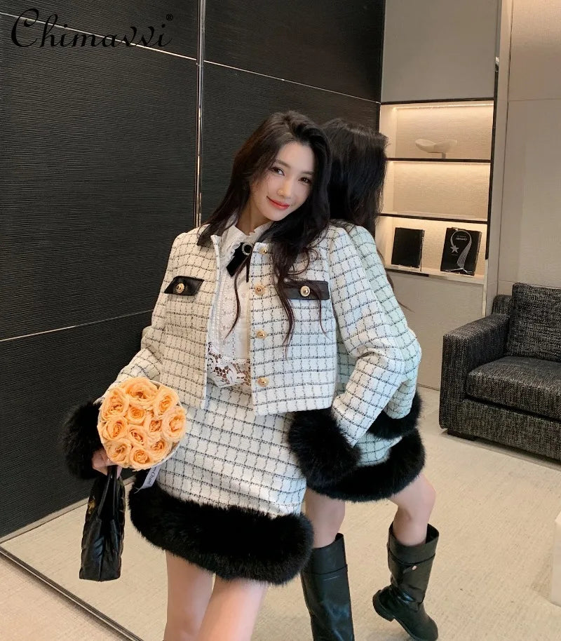 High-end French Fashion White Plaid Tweed Coat High Waist Short Skirt Long Sleeve Dress 2025 Autumn Winter Women's Clothing