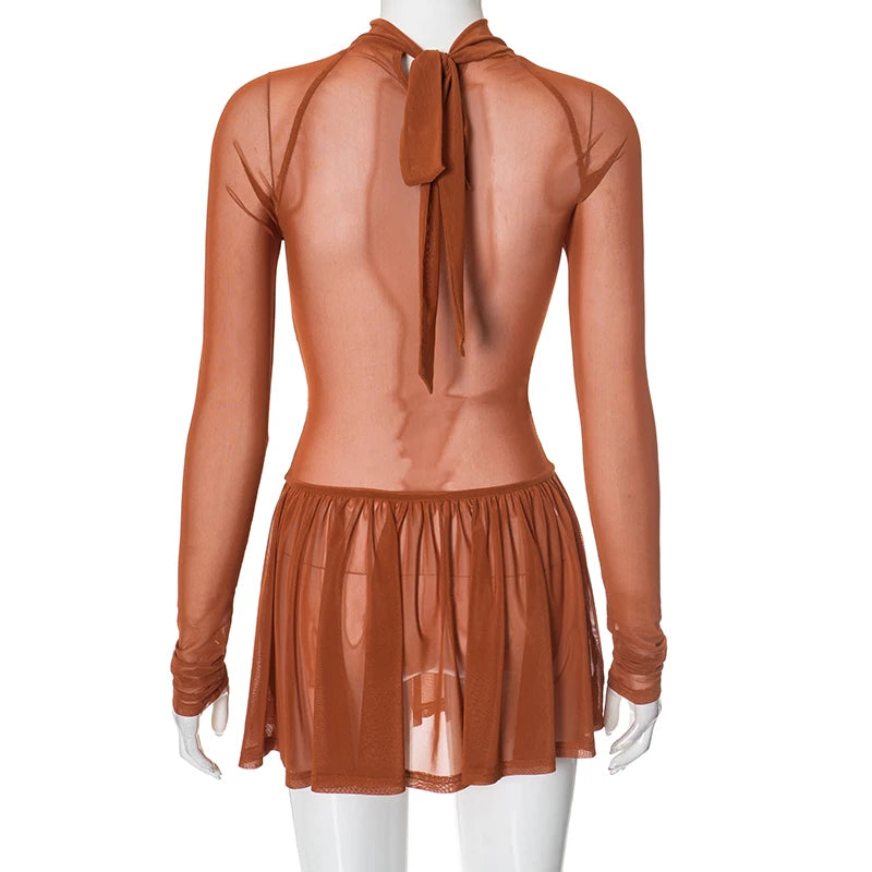 Mesh Patchwork Pleated Bodycon Mini Dress for Women