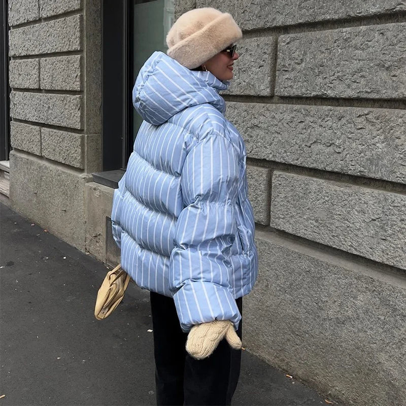 Striped Cotton Quilted Coat Single Breasted for Women