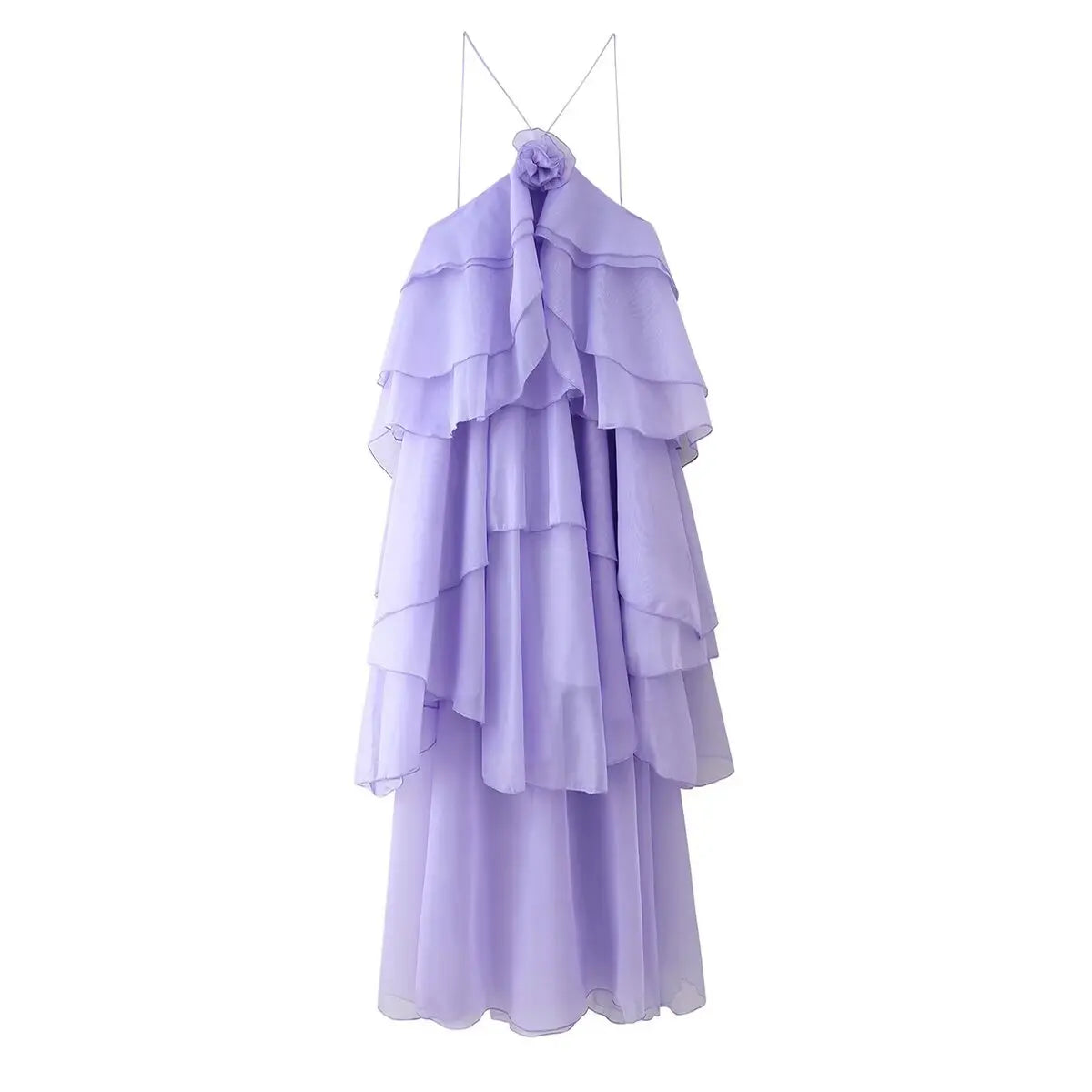 Backless 3D Flower Cascading Ruffle Halter Maxi Dress For Women