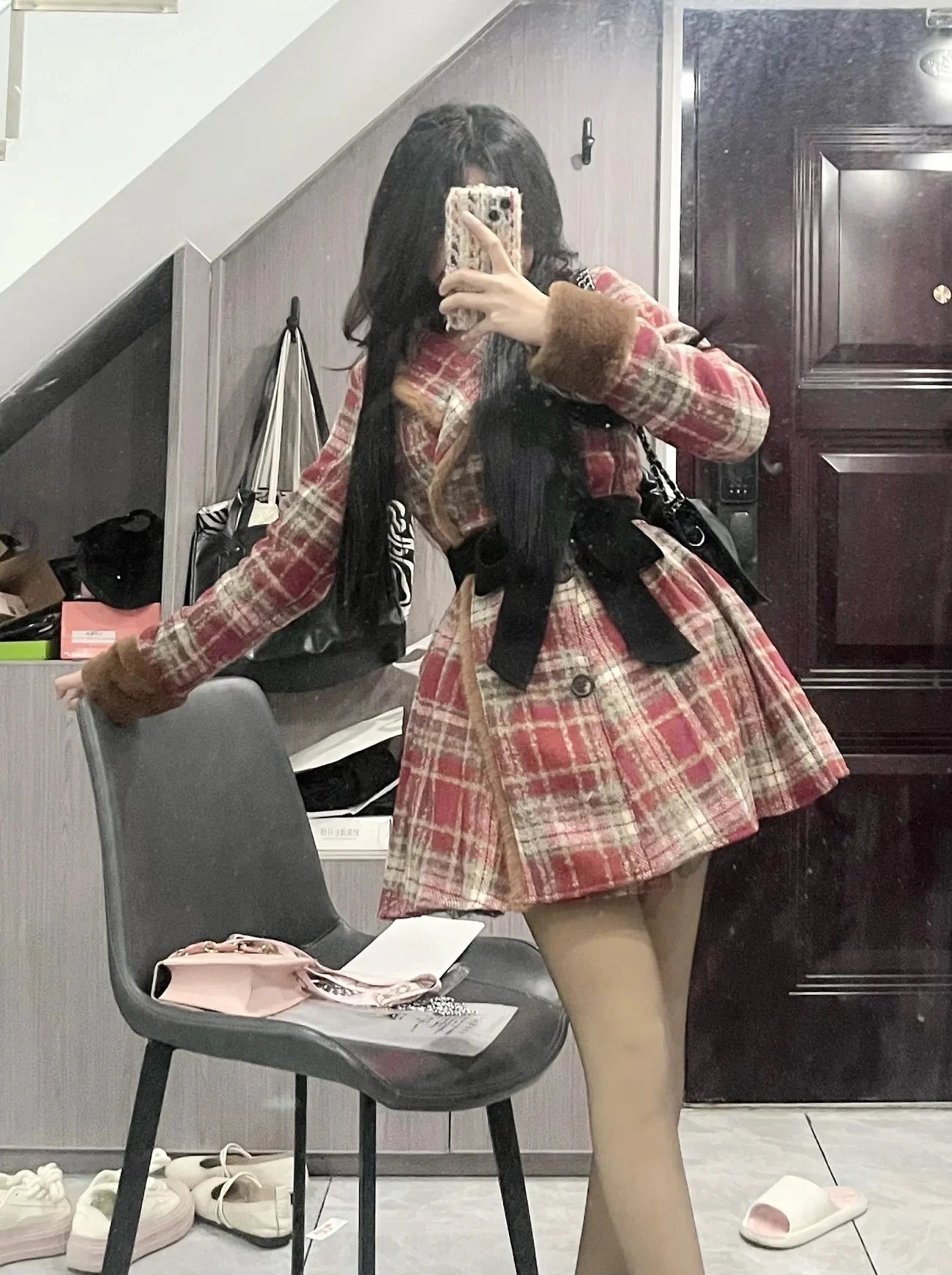 Women's Double Breasted Plaid Coat, Woolen Jacket , V-Neck, Loose Tops, Female Clothes, Sweet, New, Autumn, Winter
