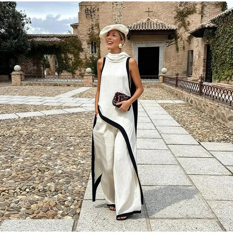 Casual Solid Blouse and Wide Leg Trousers for Women