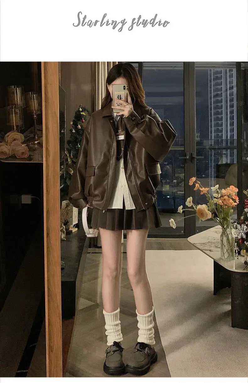 Short American Retro PU Leather Baseball Jacket for Women