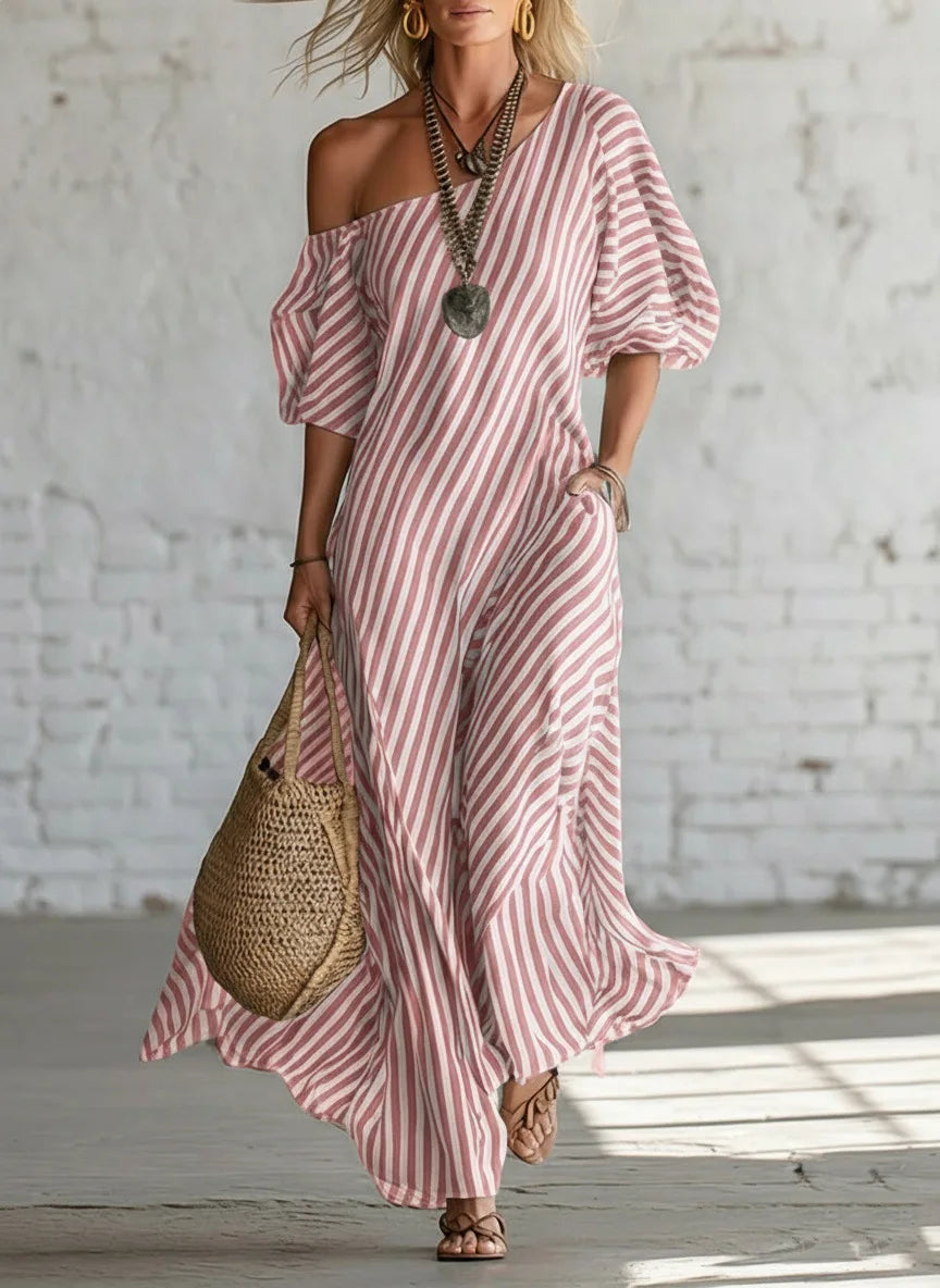 Striped Off Shoulder With Pockets Maxi Dress for Women