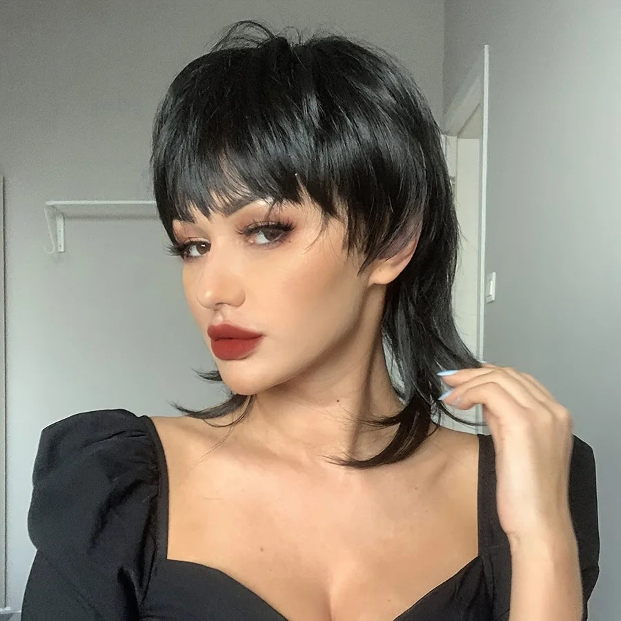 Short Black Shaggy Layered Mullet Wig For Women With Bangs