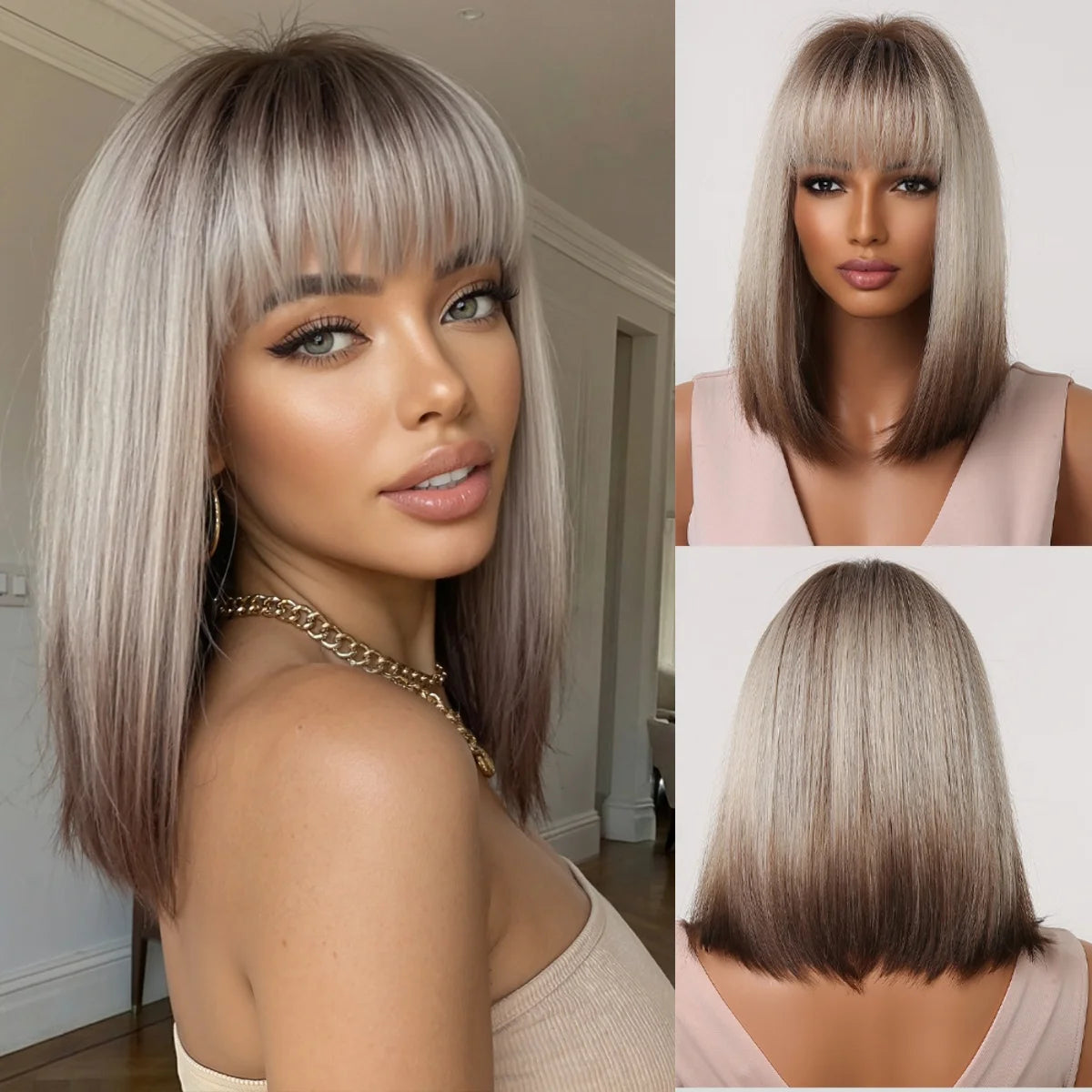 Medium Length Straight Blonde Wig With Bangs for Women
