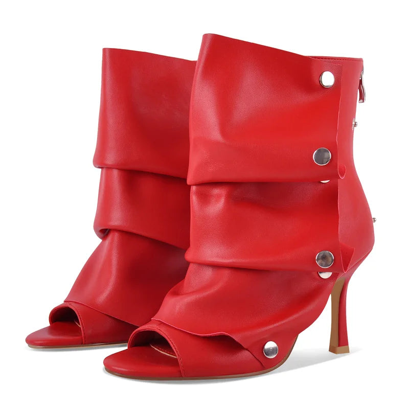 Pleated Plaid Ruched Peep Toe Ankle Boots for Women