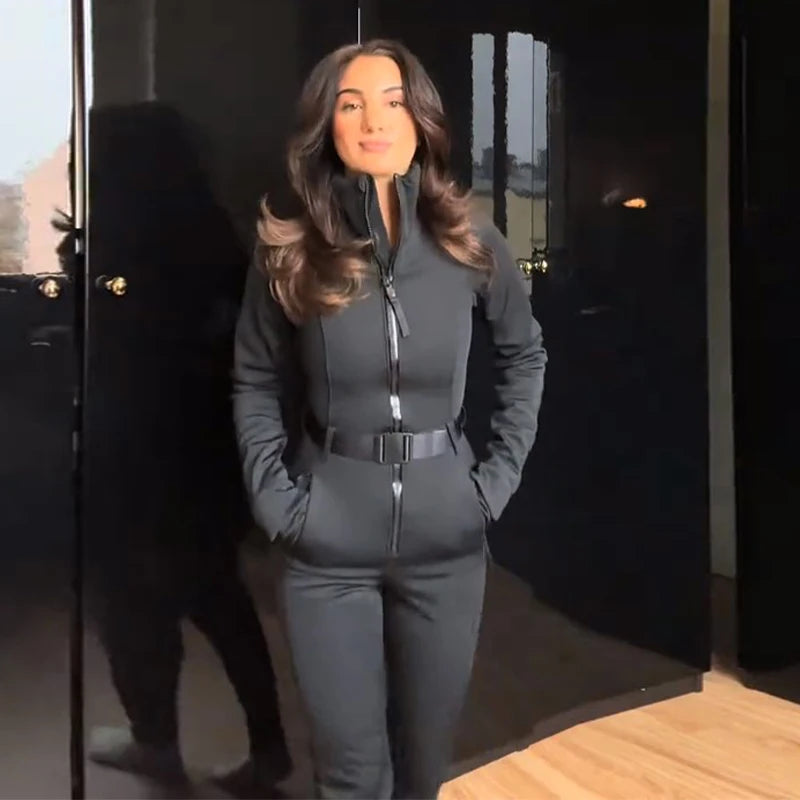 Women's Jumpsuit Loose Stand Collar Thicken Jackets Pants Sets Belt 2 Pieces Female Winter Woman Snowsuit Outfits For Outdoor