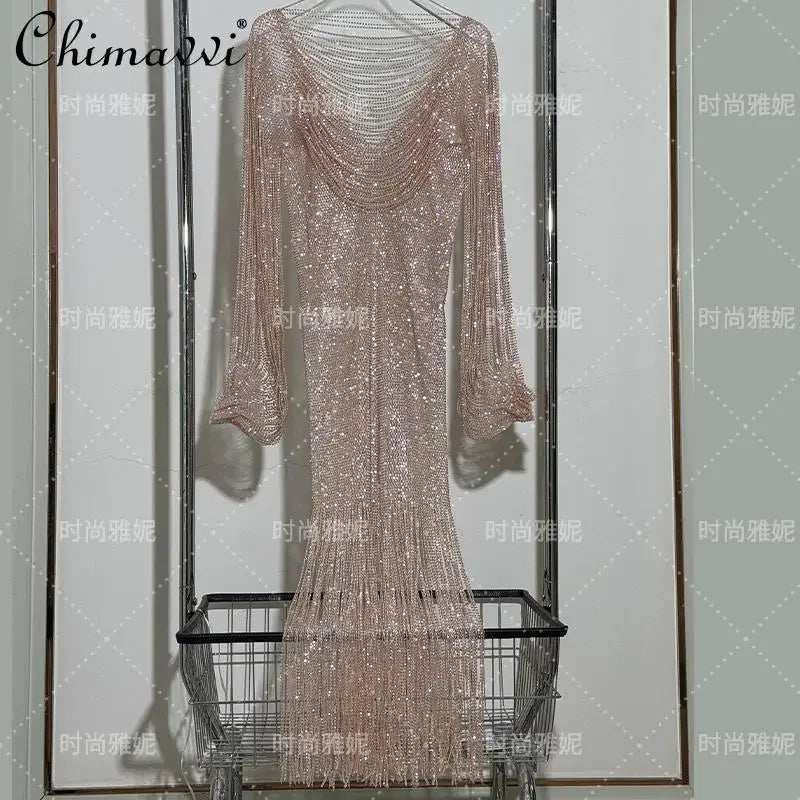 Fashion Heavy Diamond Shawl Bust Long Sleeve Top Sexy Girl Evening Dress V-Neck Slim Hip Wrap Tassel Suspender Dress 2-piece Set