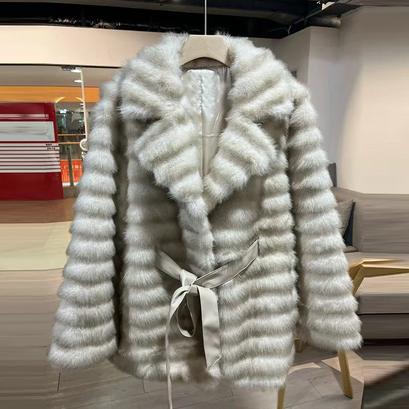 Faux Fur Belted Lapel Coat With Lace Up Front for Women