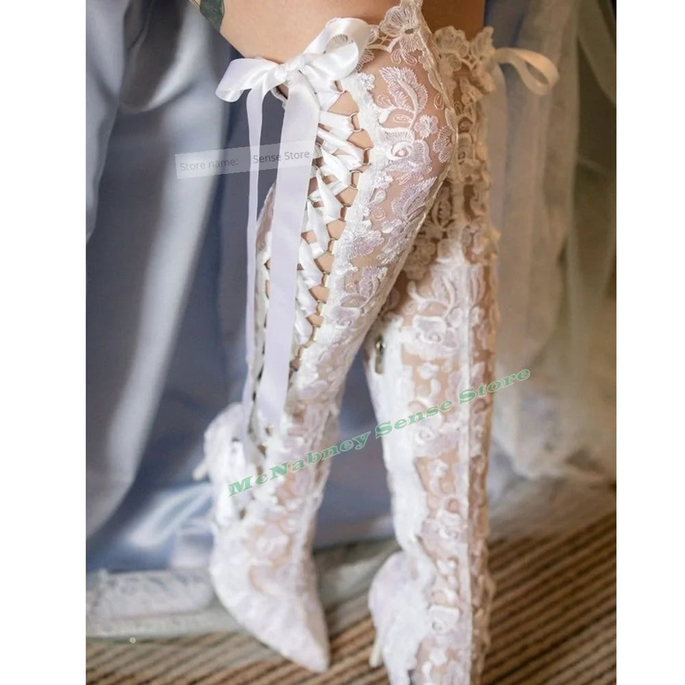 Lace Up Mesh Hollow Stiletto Knee High Boots For Women