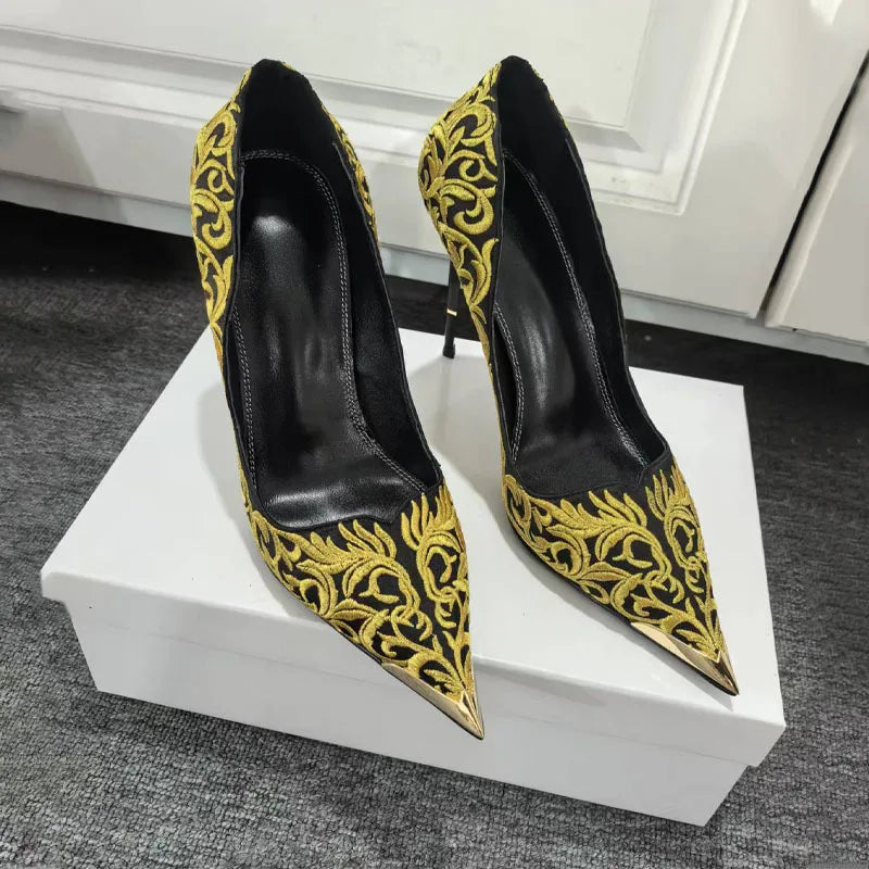 Design Women High Heel Metal Toe Embroidered High Heel Shoes Sexy Lady High Heel Gold Pointed Metal Toe Slingback Stilettos