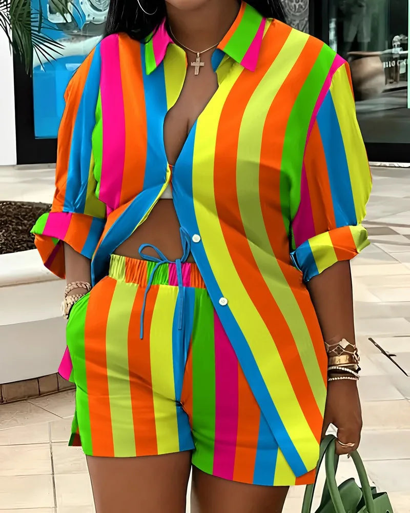 Casual Geometric Print Shirt Shorts Two Piece Set for Women