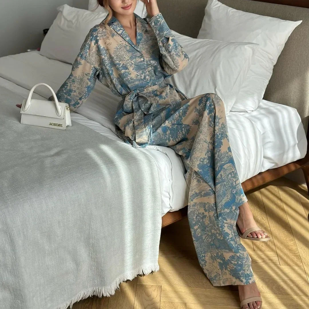 Elegant Print Two Piece Set With Long Sleeve Shirt And Wide Leg Pants for Women