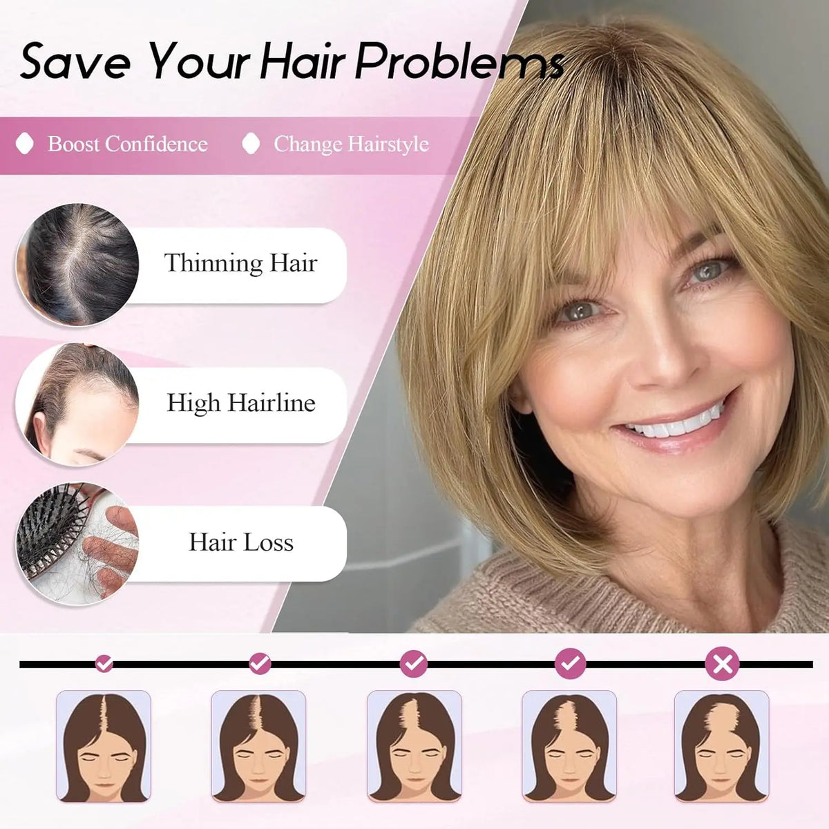 Silver Gray Remy Human Hair Topper With Bangs For Women