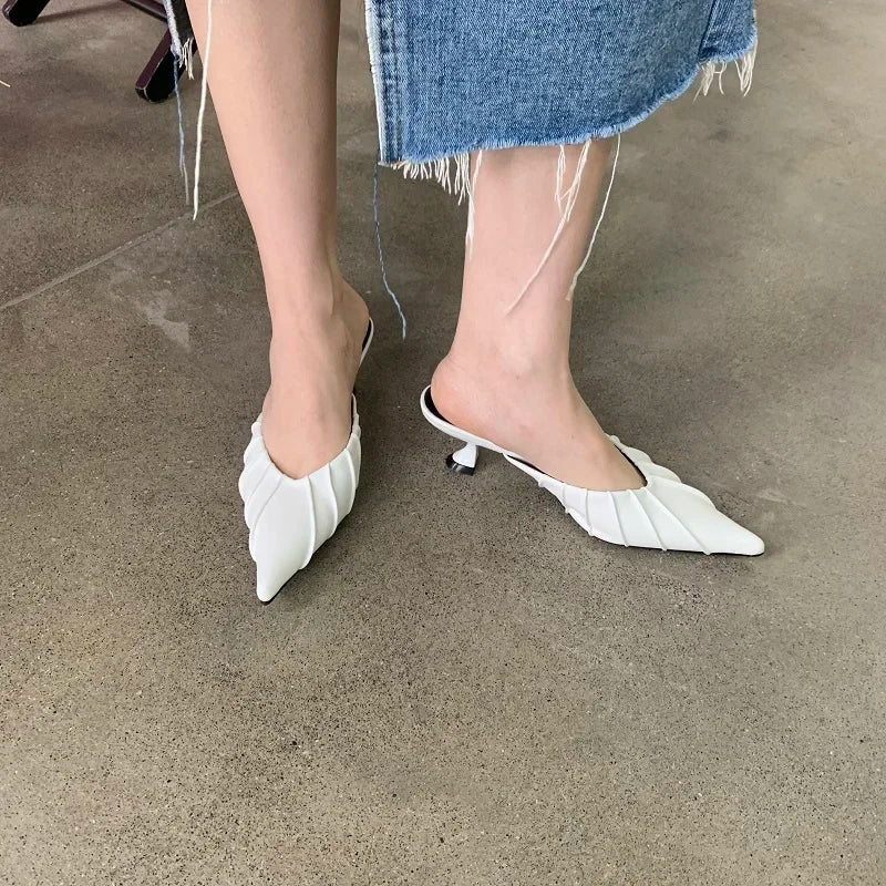 Casual Pleated Thin Heel Cushioned Slides for Women