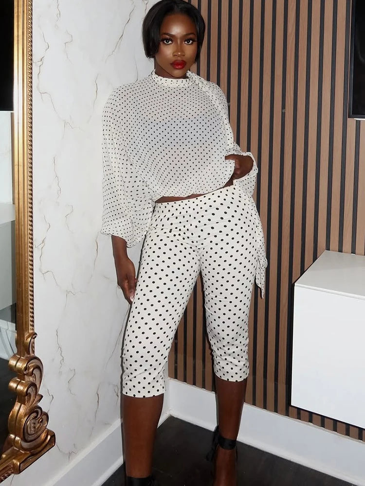 Polka Dot See Through Crop Top and Shorts Set for Women