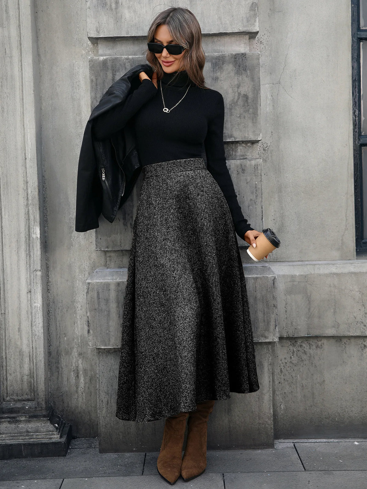 Tweed Ankle-Length A-Line Skirt with Elastic Waist for Women