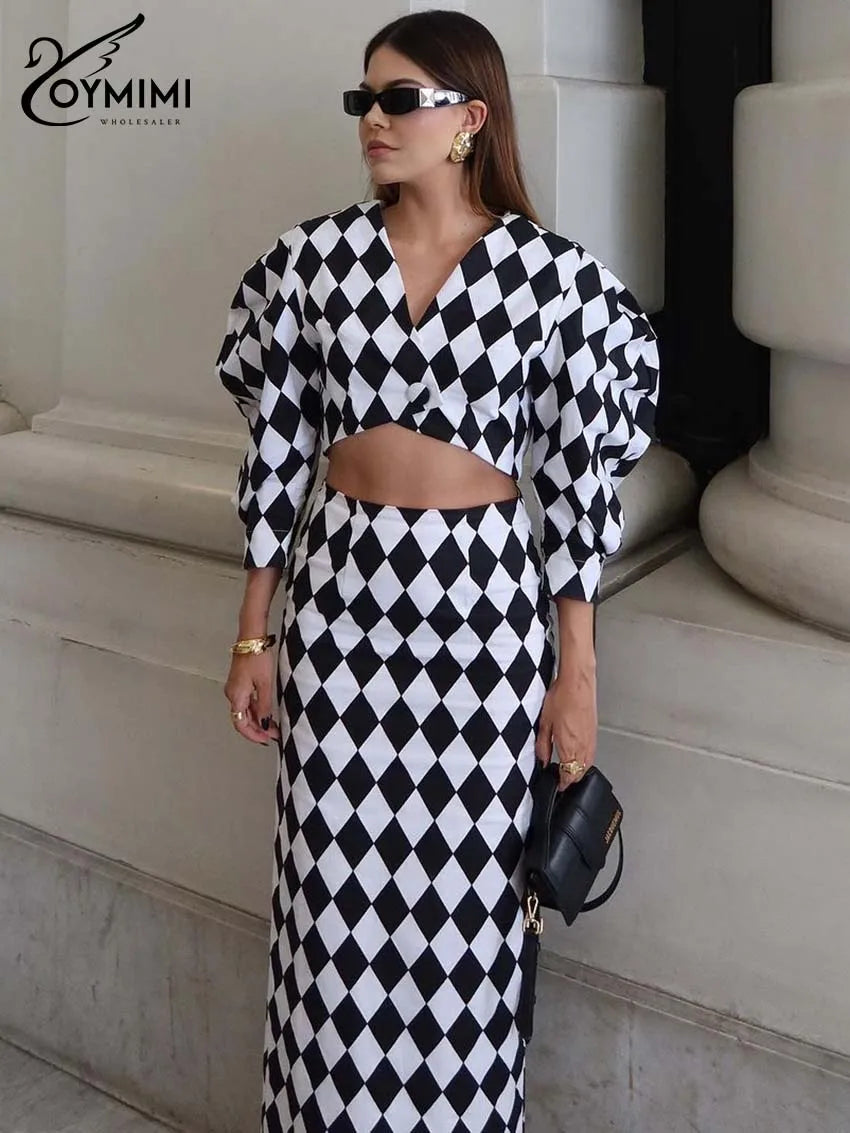Oymimi Elegant White Print 2 Piece Sets Women Outfit Fashion V-Neck Button Three Quarter Sleeve Crop Shirt + Straight Skirts Set