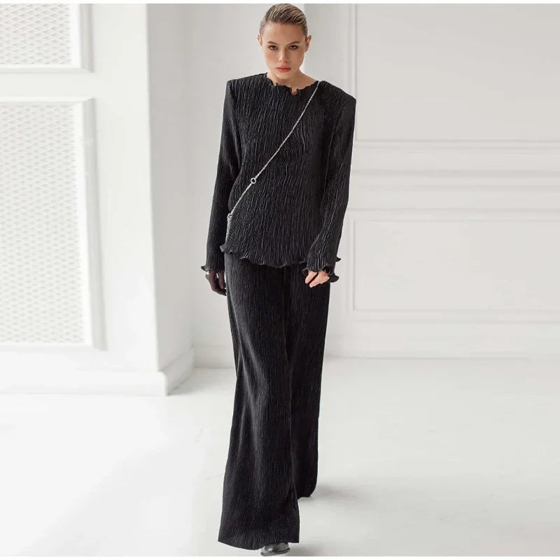 Elegant Velvet Top and Pleated Pants Set for Women