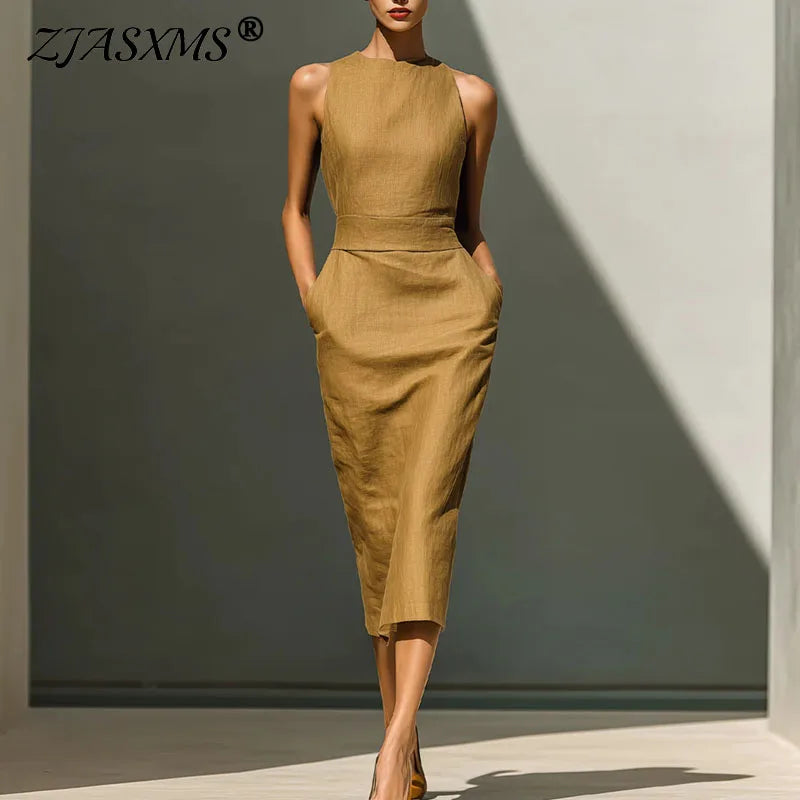 Elegant Sleeveless High Waist Sheath Midi Dress for Women