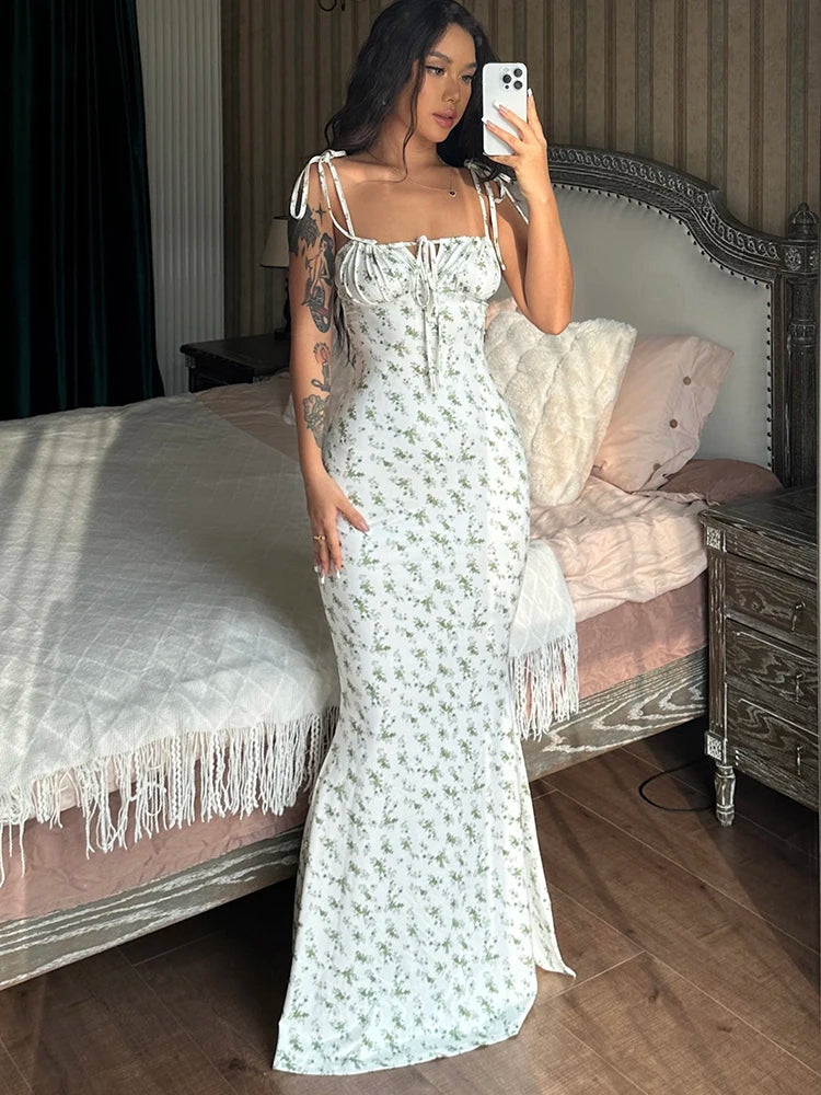 Sleeveless Floral Print Lace Up Backless Maxi Dress for Women