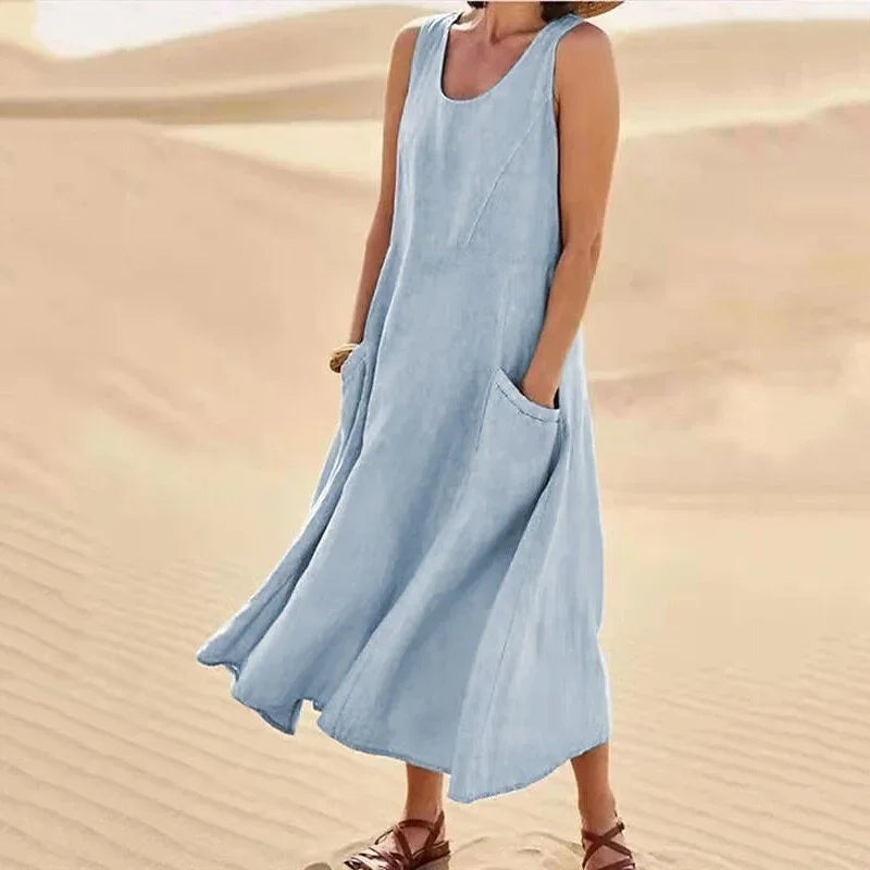 Casual Sleeveless Midi Dress With Side Pockets For Women