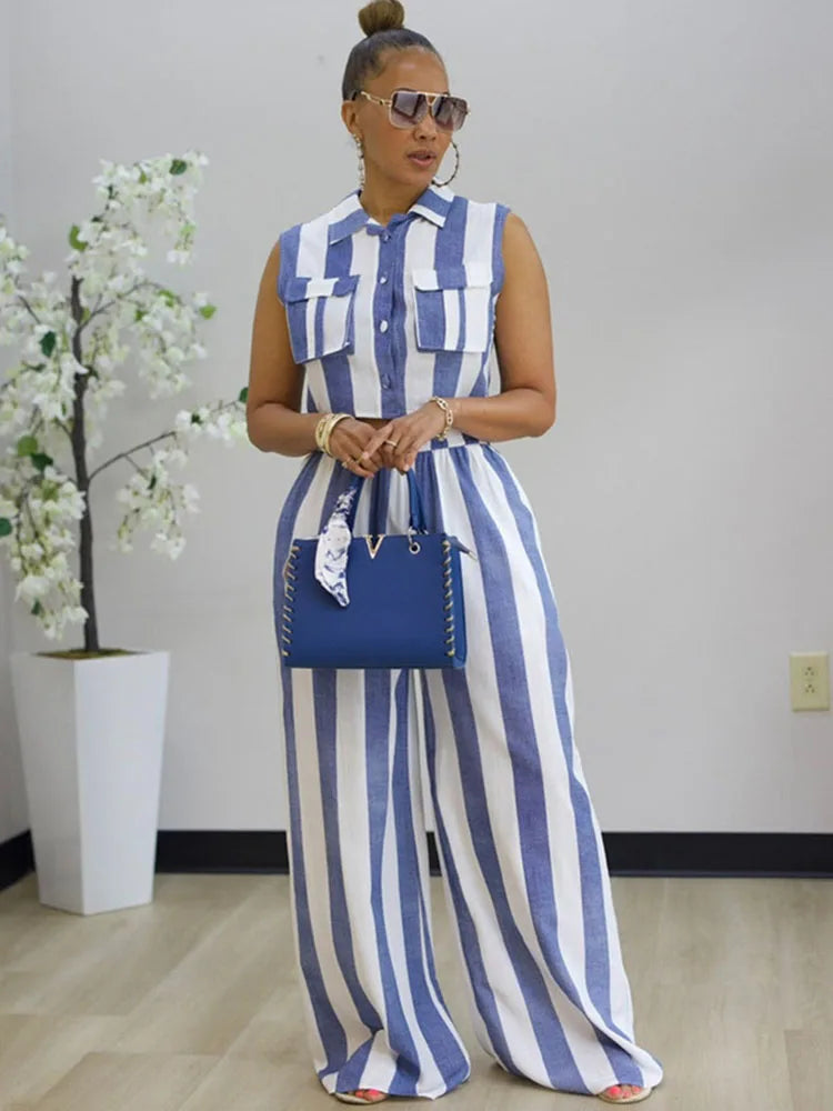 Striped Two Piece Shirt And Wide Leg Pants Set for Women